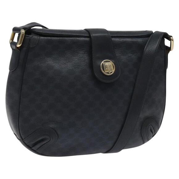 CELINE Macadam Canvas Shoulder Bag Leather Navy Gold - Picture 1 of 16